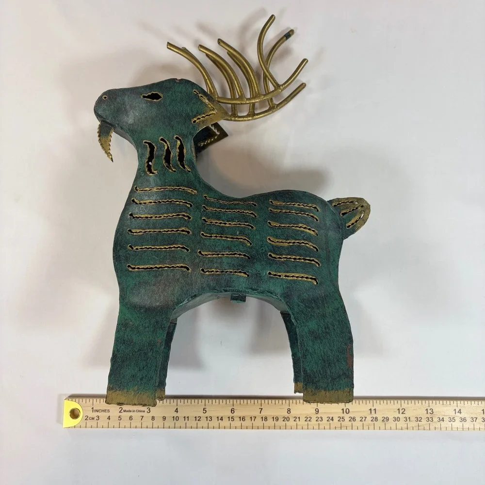 Rustic Verdigris Metal Reindeer Candle Holder Figurine Gold Antler Folk Art 13